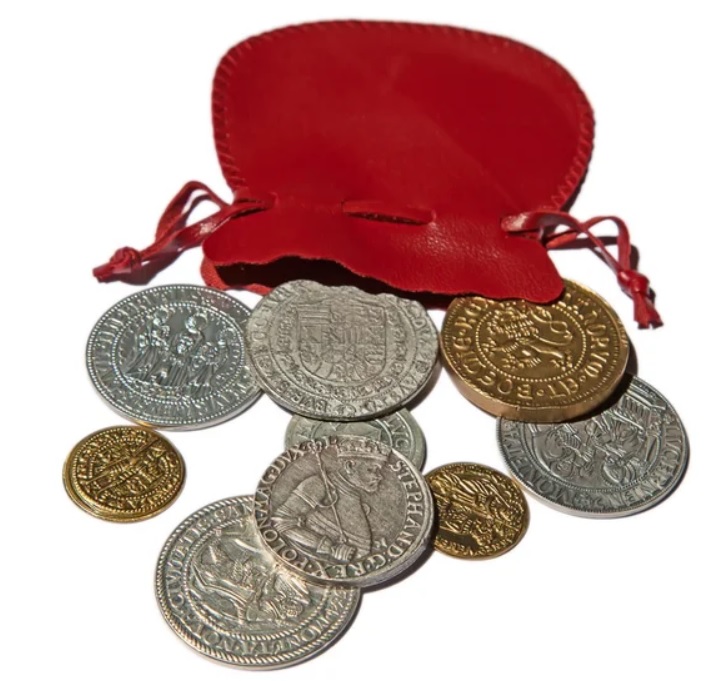 red pouch full of medieval coins