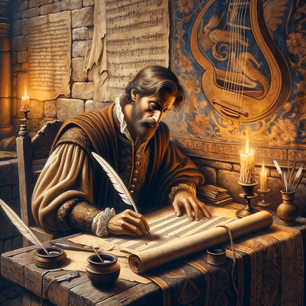 Most Famous Medieval Music Composers   DALL·E 2023 11 07 15.01.26 Depict A Medieval Music Composer Deeply Engrossed In His Craft Styled As A Mural Painting. The Composer Sits At A Rustic Wooden Desk Quill In Hand Min 